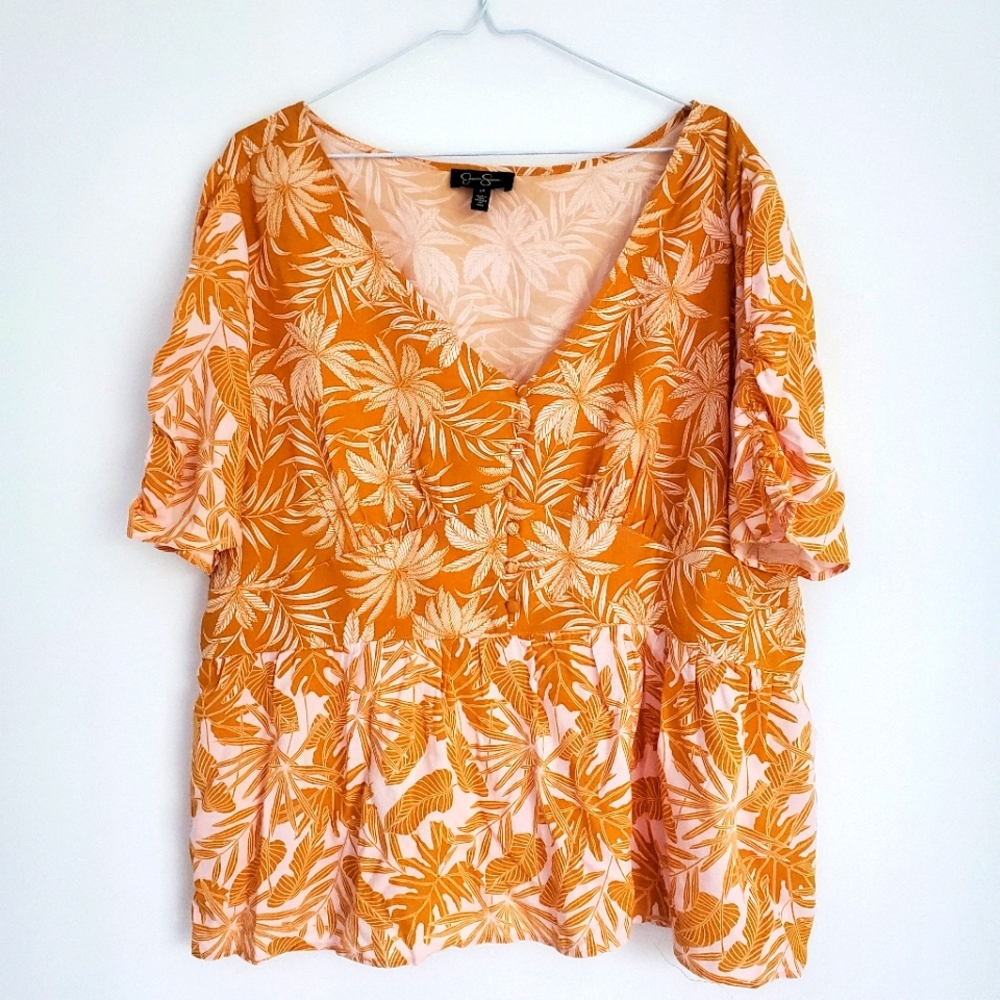 JESSICA SIMPSON Women's Size 1X Babydoll Blouse Top Boho Tropical Plus Size
